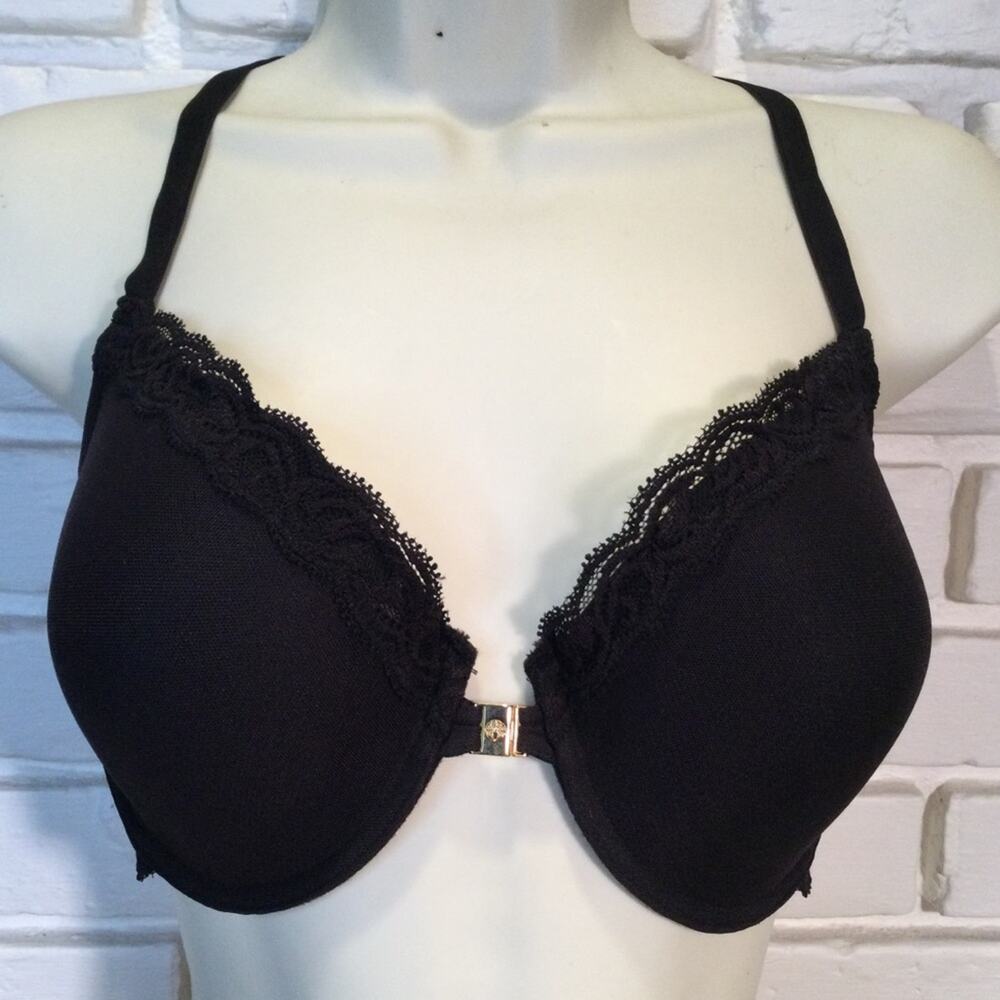 Natori Lace Racerback Underwire Bra 34DD Black Lace Front close